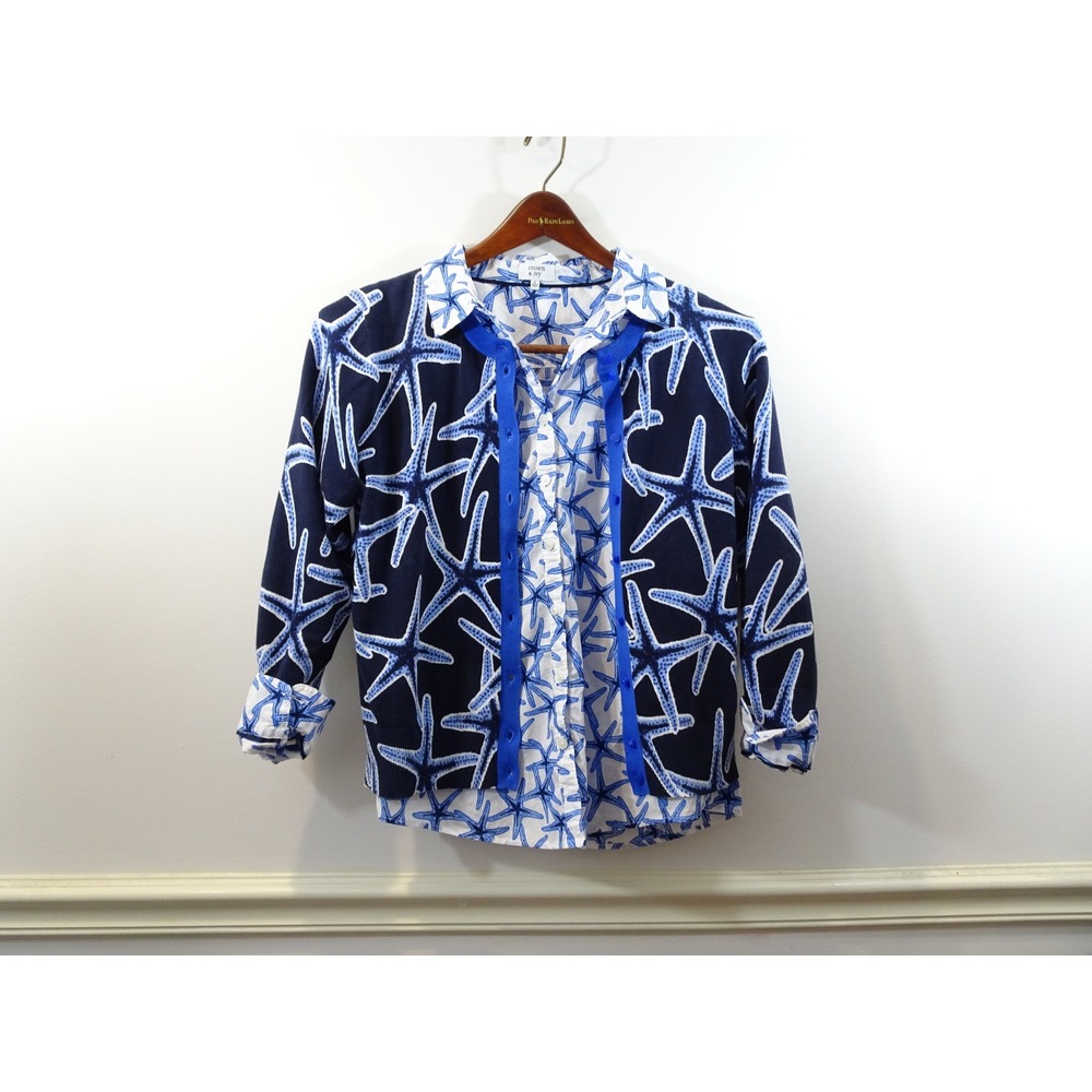 LOT Crown & Ivy Womens Blue White Starfish Print Cardigan Shirt Top Medium